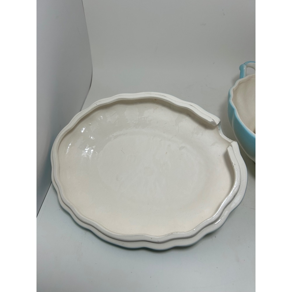 Vintage Scalloped Ceramic Soup Tureen with Lid and Ladle Blue White Ombre 11.5in - Picture 13 of 13